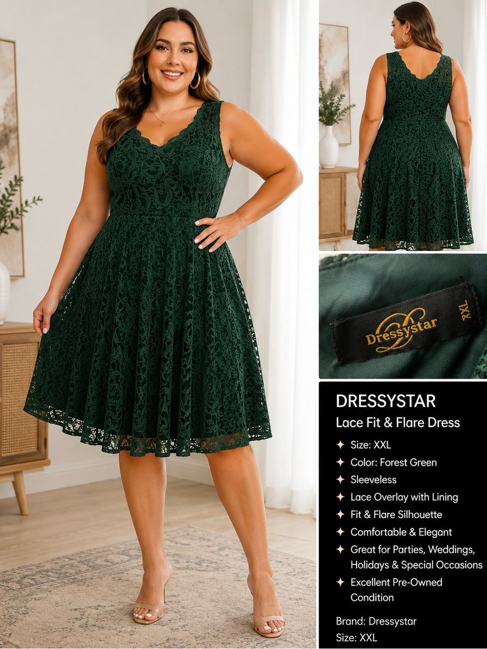 Dressystar Forest Green Strapless Lace Fit & Flare Dress